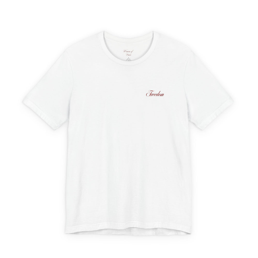 Embroidered 'Freedom"' Chest Tee — Minimalist White Short Sleeve Shirt