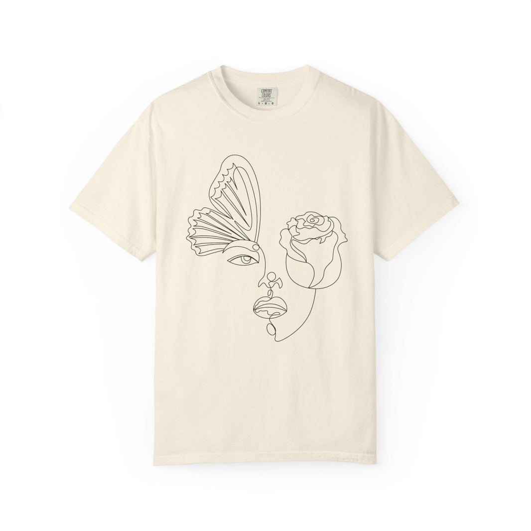 The Transformation Tee – Rose & Butterfly Line Art T-Shirt