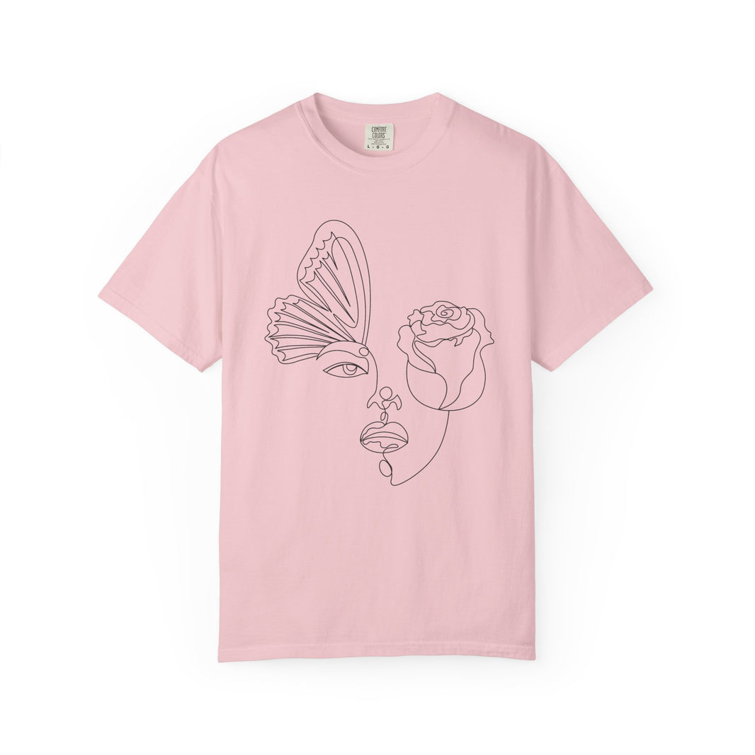 The Transformation Tee – Rose & Butterfly Line Art T-Shirt