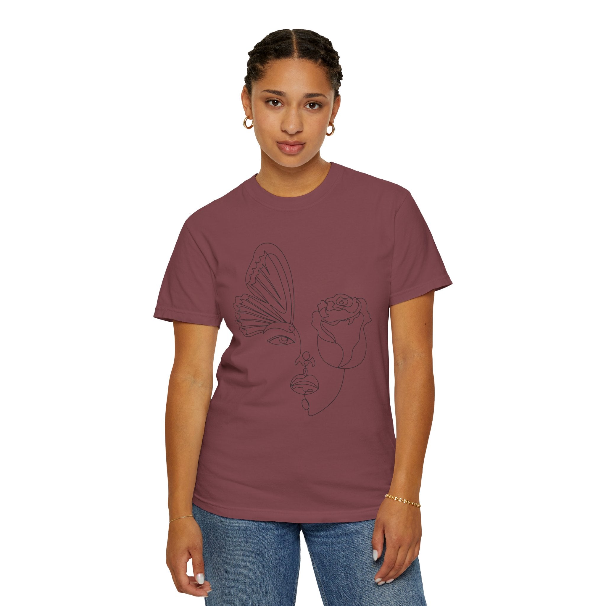 The Transformation Tee – Rose & Butterfly Line Art T-Shirt