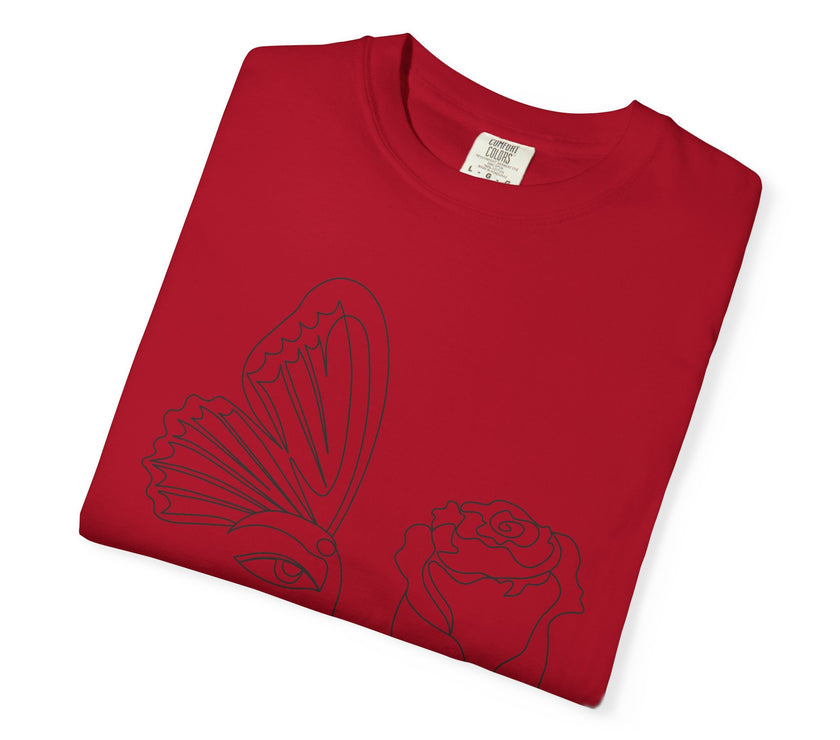 The Transformation Tee – Rose & Butterfly Line Art T-Shirt