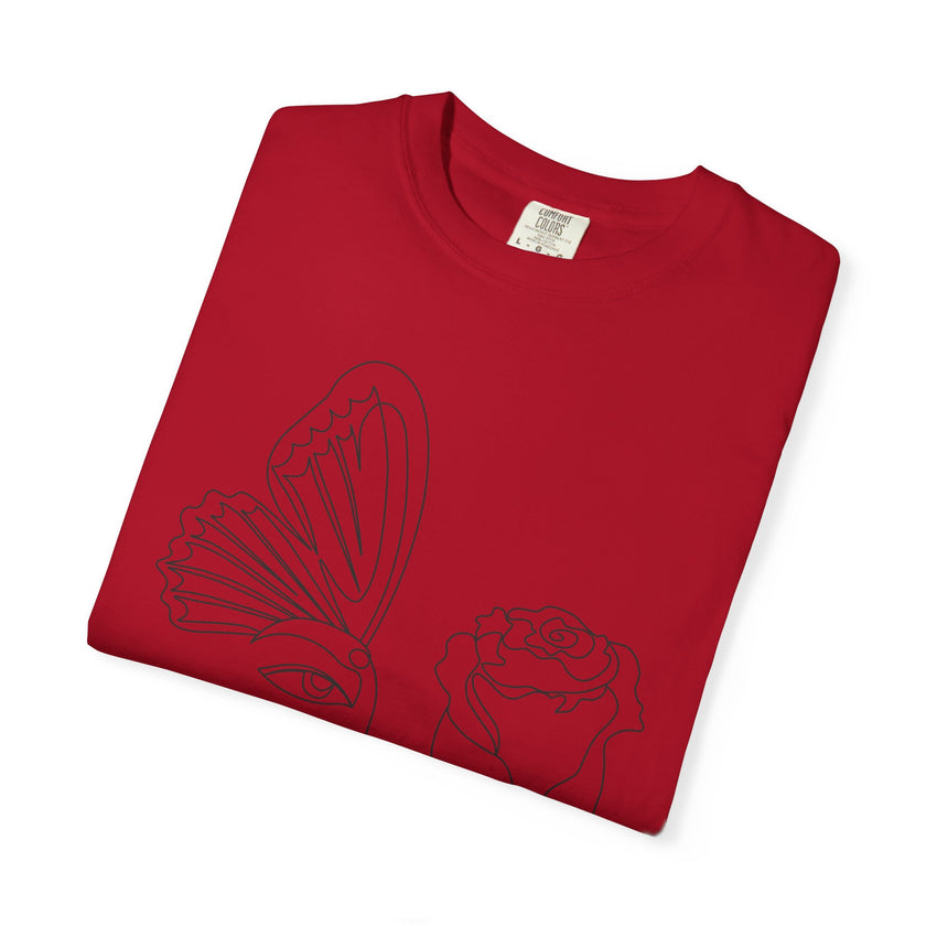 The Transformation Tee – Rose & Butterfly Line Art T-Shirt