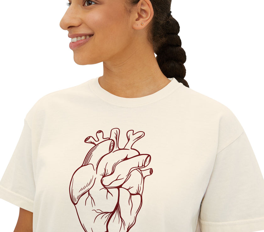 Heart Art Cropped Tee – Minimalist Anatomical Heart T-Shirt in Ivory