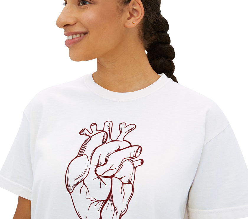 Heart Art Cropped Tee – Minimalist Anatomical Heart T-Shirt in Ivory