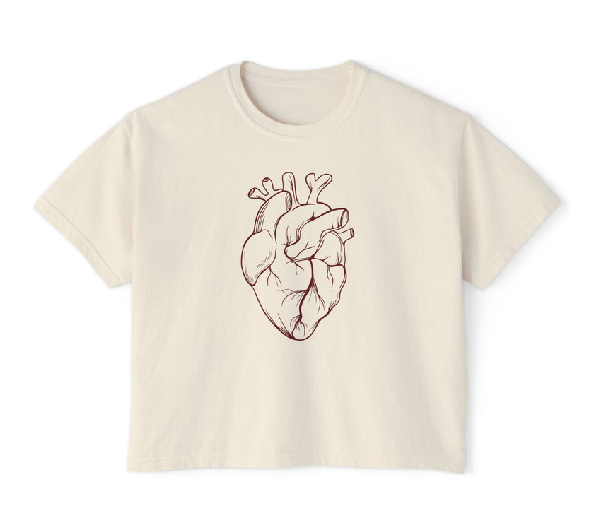 Heart Art Cropped Tee – Minimalist Anatomical Heart T-Shirt in Ivory