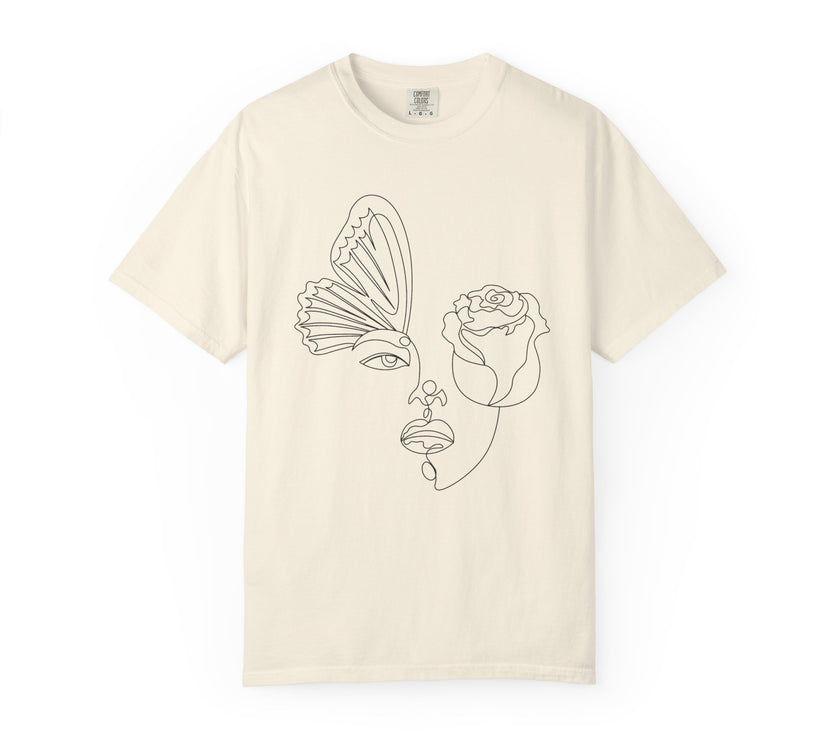 The Transformation Tee – Rose & Butterfly Line Art T-Shirt