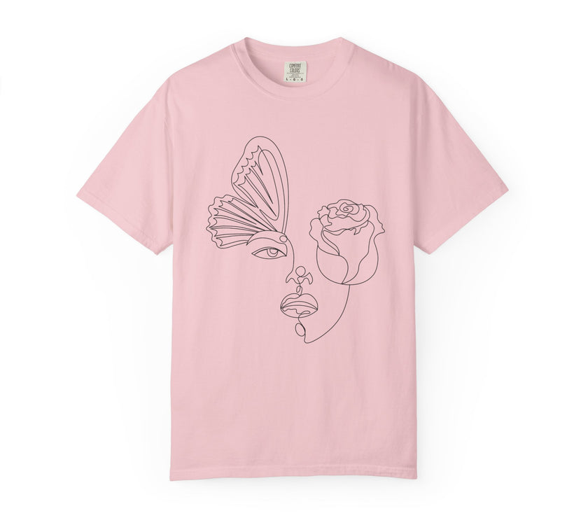 The Transformation Tee – Rose & Butterfly Line Art T-Shirt