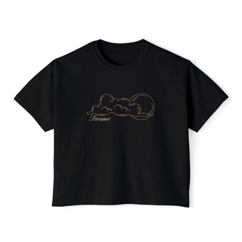 Dreamer Crop Tee – Minimalist Celestial Graphic T-Shirt in Black