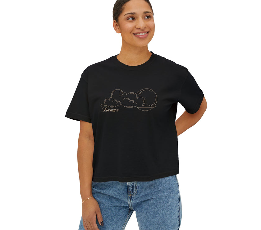 Dreamer Crop Tee – Minimalist Celestial Graphic T-Shirt in Black