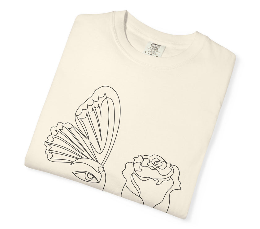 The Transformation Tee – Rose & Butterfly Line Art T-Shirt