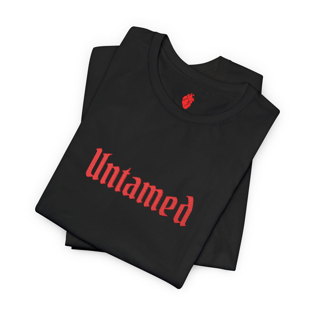 Embroidered Untamed Tee — Bold Red Gothic Text