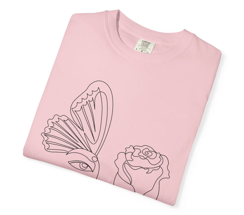 The Transformation Tee – Rose & Butterfly Line Art T-Shirt