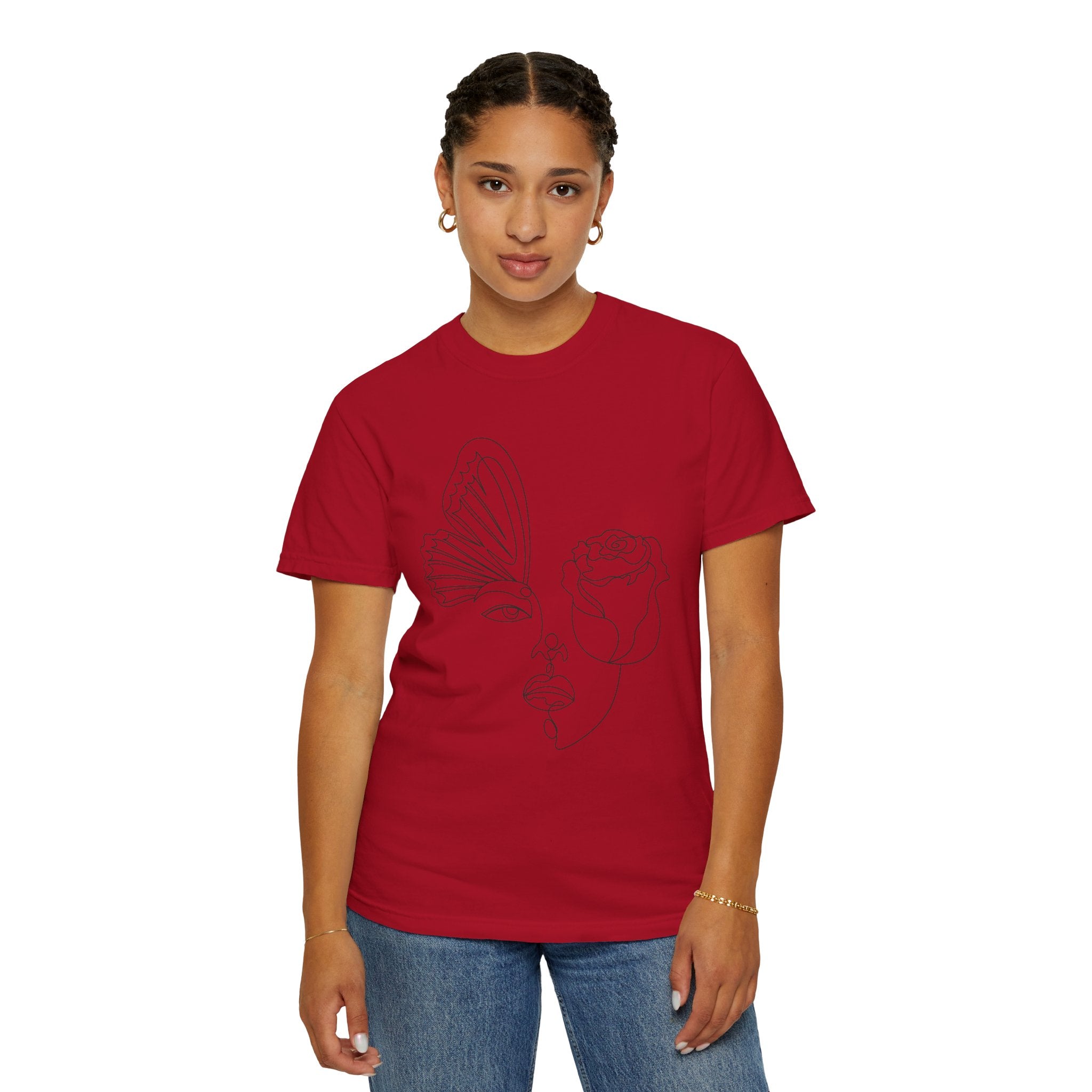 The Transformation Tee – Rose & Butterfly Line Art T-Shirt