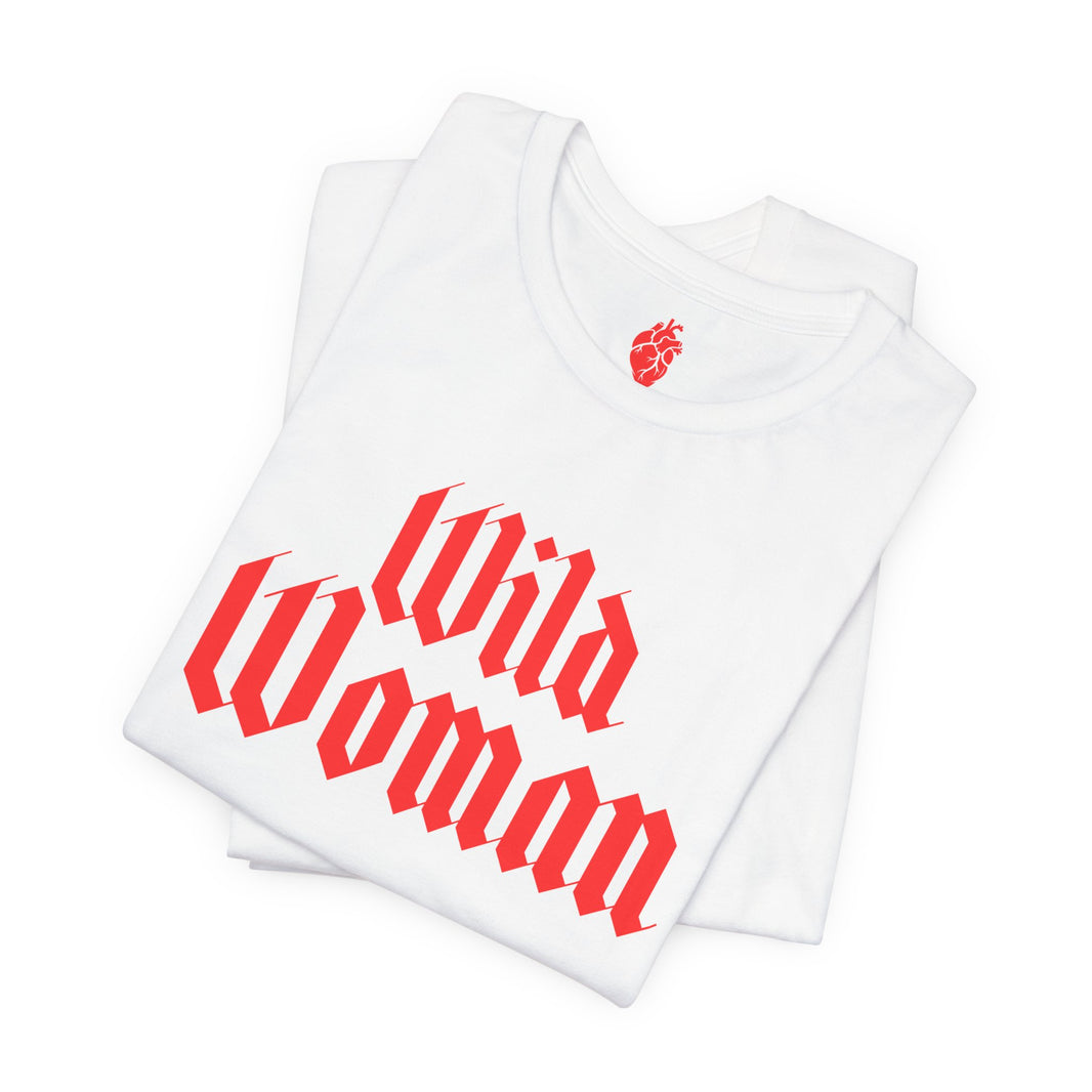 Wild Woman Graphic Tee — Bold Red Gothic Script Women's T‑Shirt
