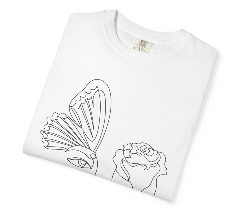 The Transformation Tee – Rose & Butterfly Line Art T-Shirt