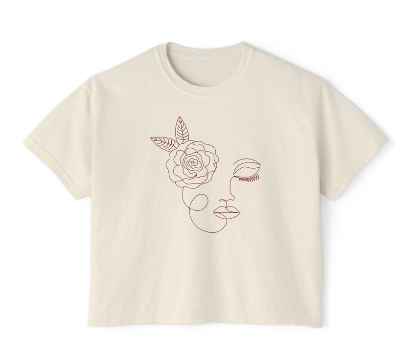 The Dreamer Tee – Minimalist Floral Line Art Cropped Boxy Tee