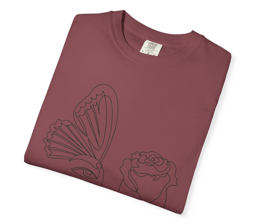 The Transformation Tee – Rose & Butterfly Line Art T-Shirt