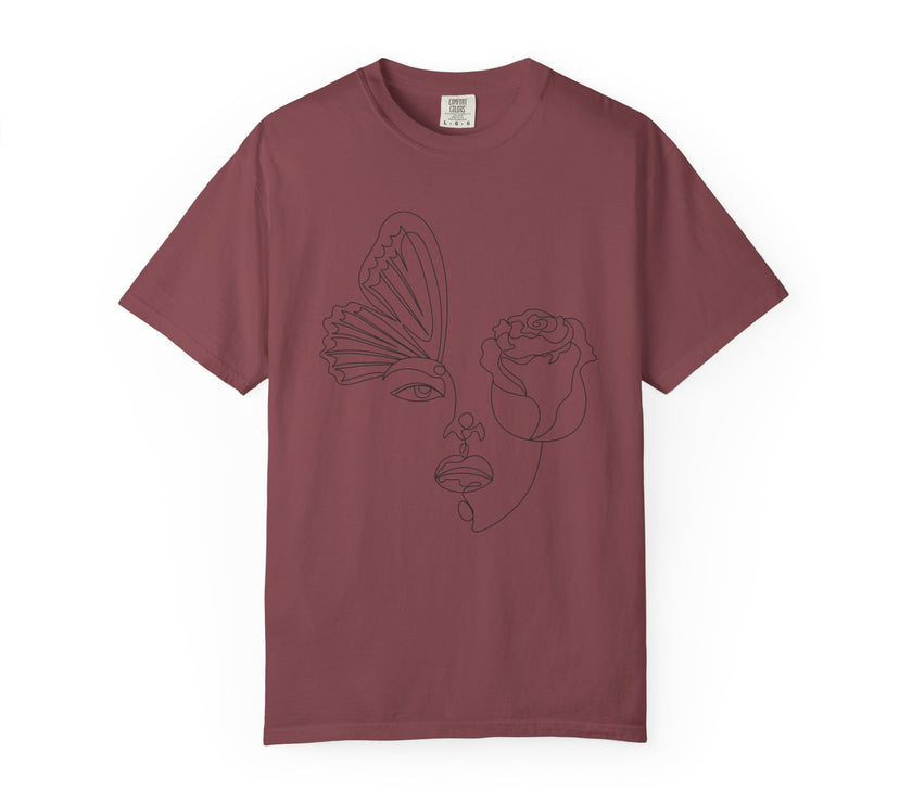 The Transformation Tee – Rose & Butterfly Line Art T-Shirt