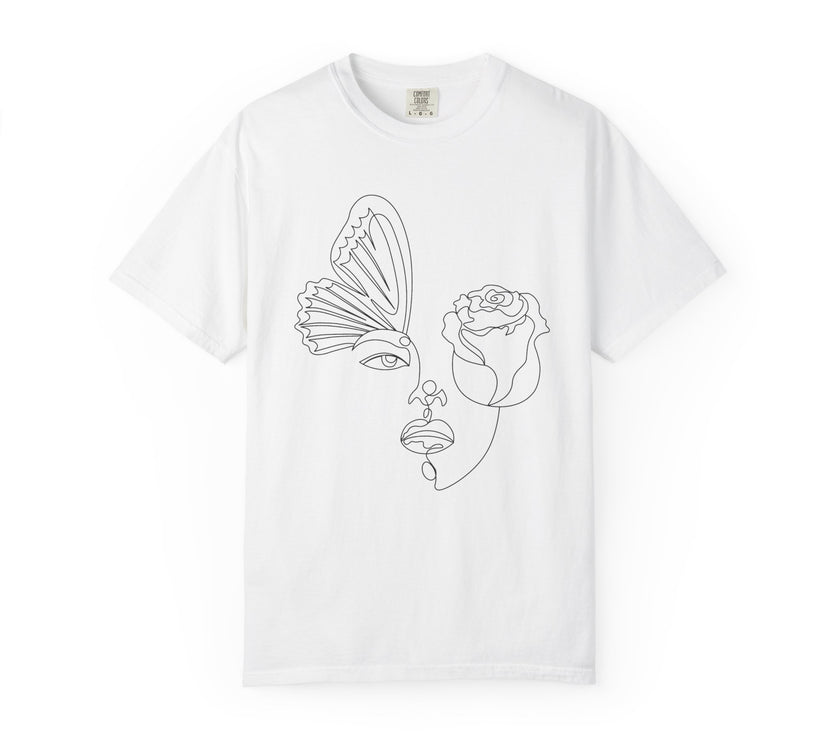 The Transformation Tee – Rose & Butterfly Line Art T-Shirt